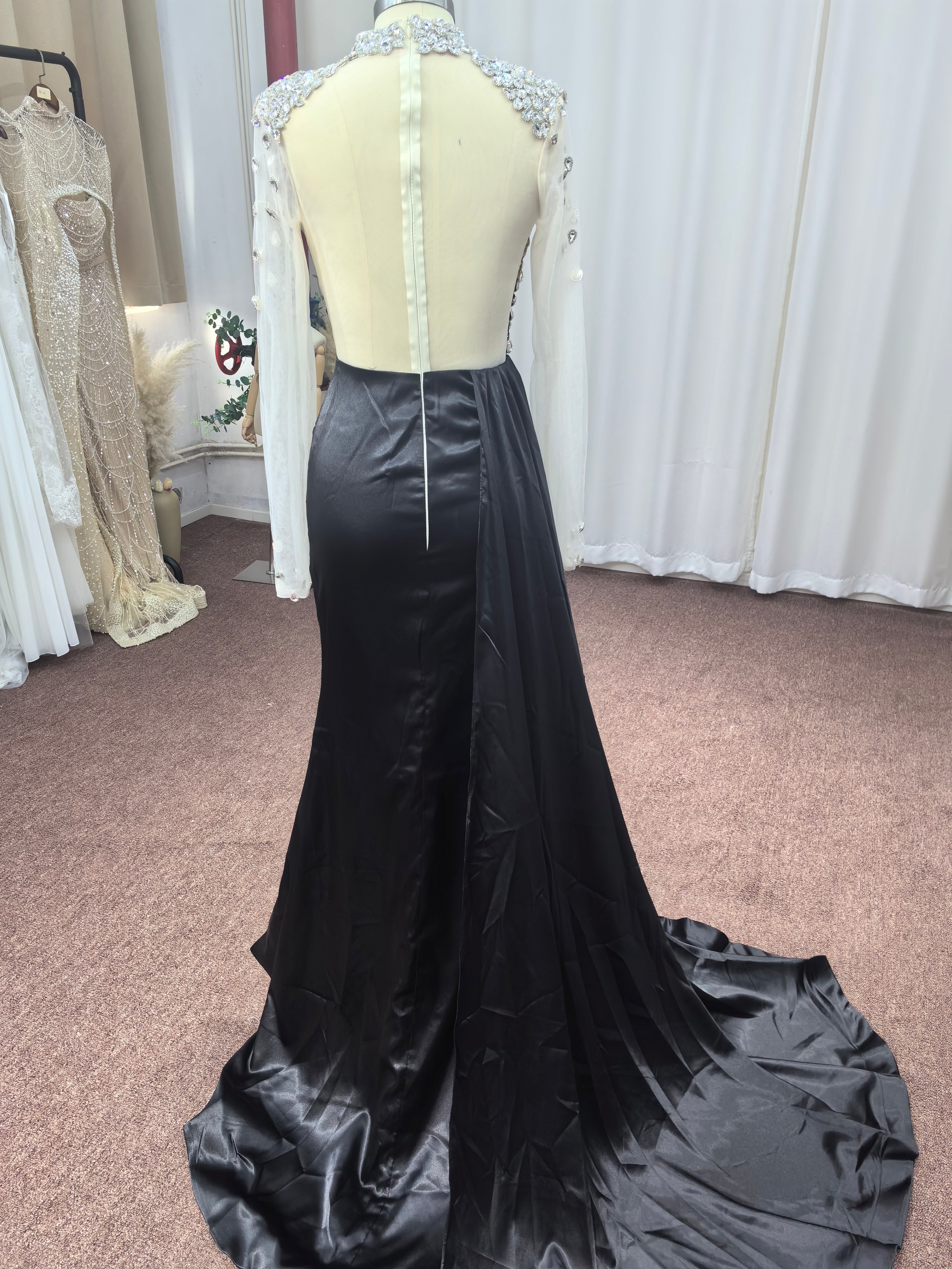Bmbridal Purple Long Sleeves Mermaid Ruffle Gown With Crystals