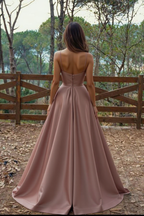 Champagne One Shoulder Satin Floor Length Evening Gown With Glitter