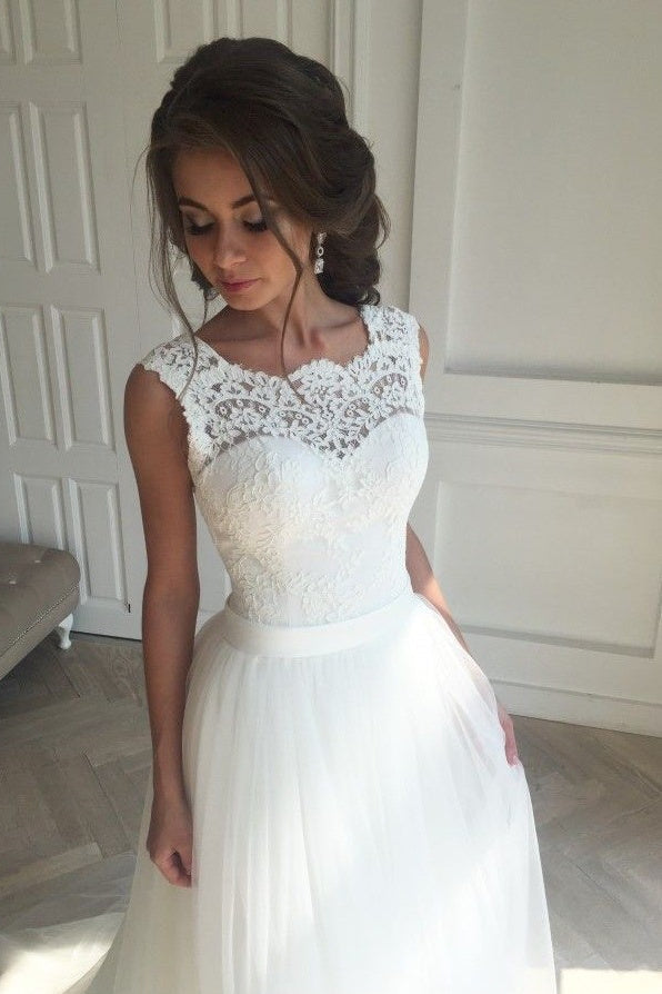 Robes de mariée simples en dentelle, ligne A, sans manches, à ceinture, dos ouvert