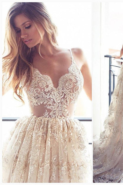 Vestido de fiesta elegante con escote en V y apliques de encaje, espalda descubierta y sin mangas