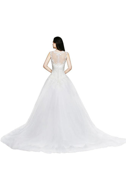 Brautkleid mit Spitzenapplikationen und U-Ausschnitt aus Tüll