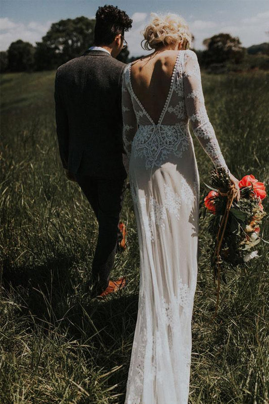 Spitzen Langarm Rückenfreies Boho Brautkleid Rustikales Hochzeitskleid