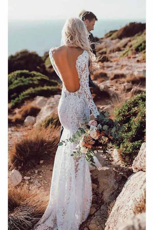 Vestidos de novia rústicos de encaje Vestido de novia sirena de manga larga