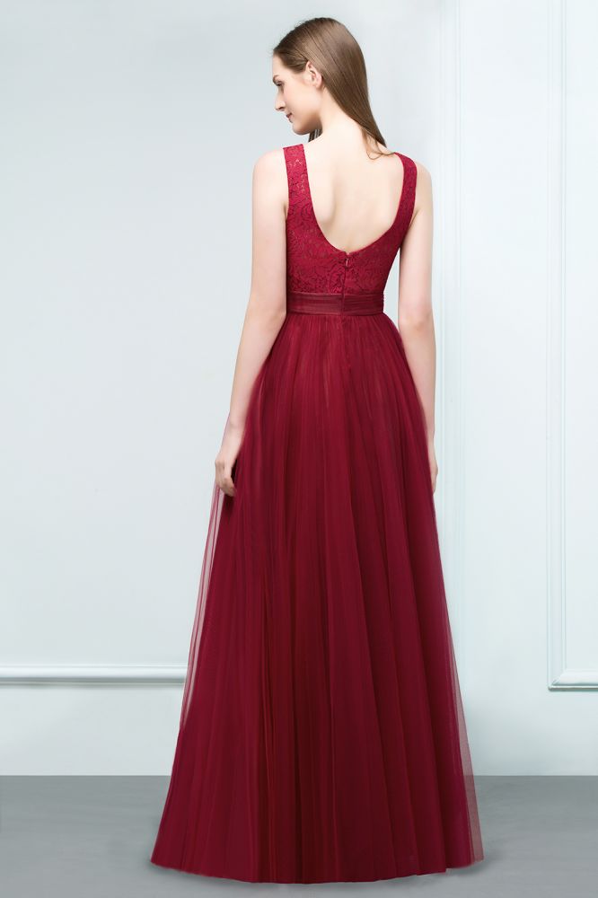 Lace Top Burgundy A-line Scoop Long Sleevless Tulle Prom Dresses