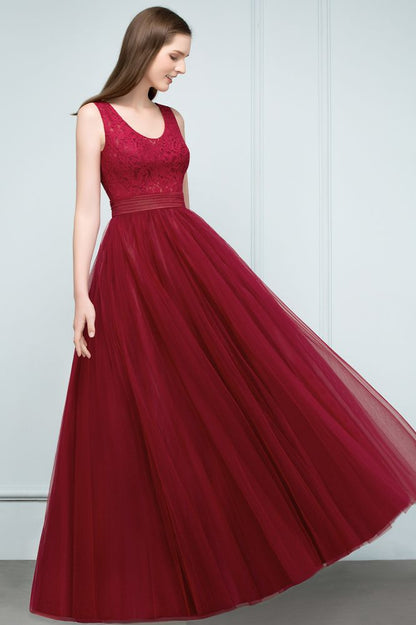 Lace Top Burgundy A-line Scoop Long Sleevless Tulle Prom Dresses