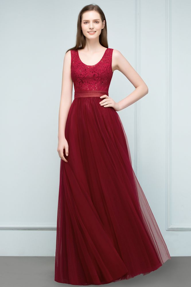 Lace Top Burgundy A-line Scoop Long Sleevless Tulle Prom Dresses