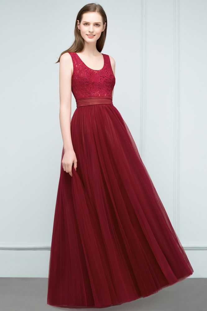 Lace Top Burgundy A-line Scoop Long Sleevless Tulle Prom Dresses