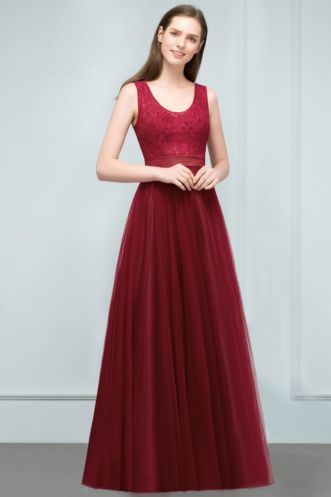 Lace Top Burgundy A-line Scoop Long Sleevless Tulle Prom Dresses