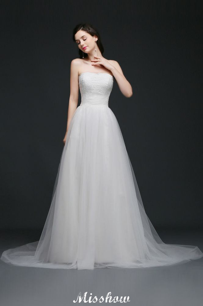Robe de mariée blanche en tulle, ligne A, sans bretelles, à dentelle