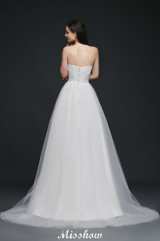 Robe de mariée blanche en tulle, ligne A, sans bretelles, à dentelle