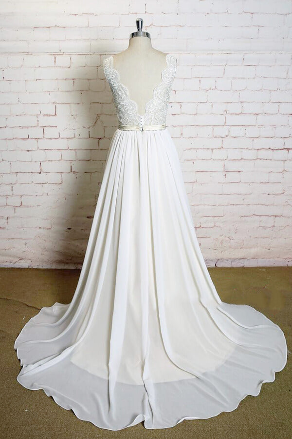 Dernière robe de mariée longue en mousseline à dentelle, coupe évasée, col en V