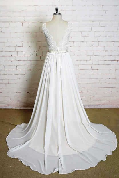 Neuestes langes A-Linien-Brautkleid aus Chiffon mit V-Ausschnitt und Spitze