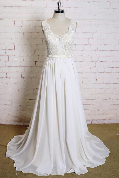 Neuestes langes A-Linien-Brautkleid aus Chiffon mit V-Ausschnitt und Spitze
