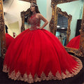 Latest Long Ball Gown High Neck Tulle Red Quinceanera Dress