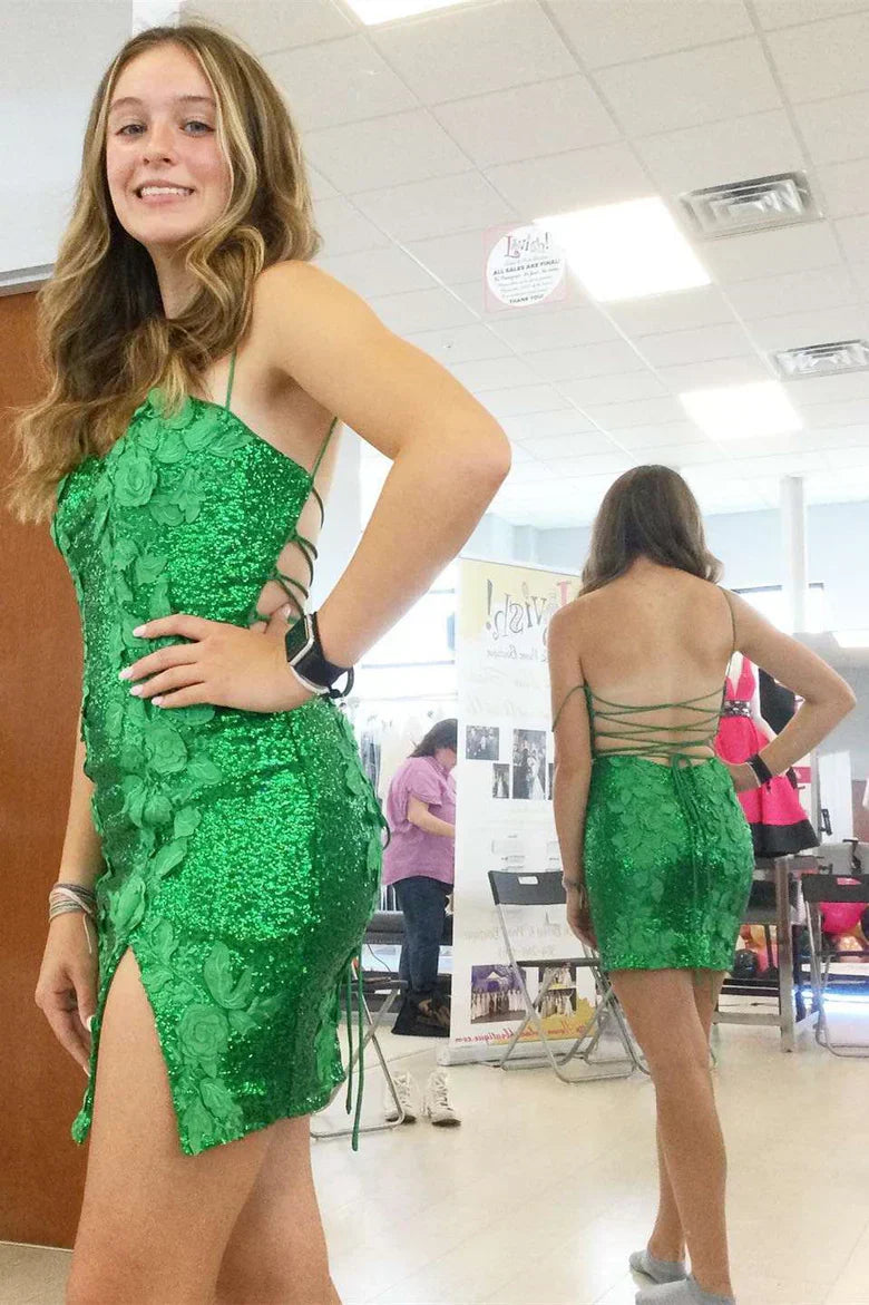 Abito a guaina con paillettes, schiena scoperta, per festa di ritorno a casa con fiori tridimensionali