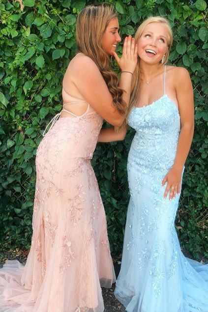 Light Blue Long Lace Open Back Mermaid Prom Dress