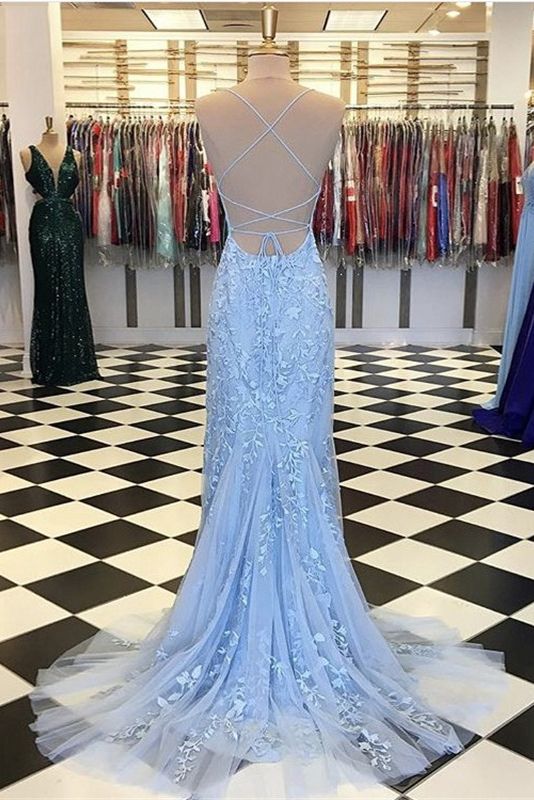 Light Blue Long Lace Open Back Mermaid Prom Dress