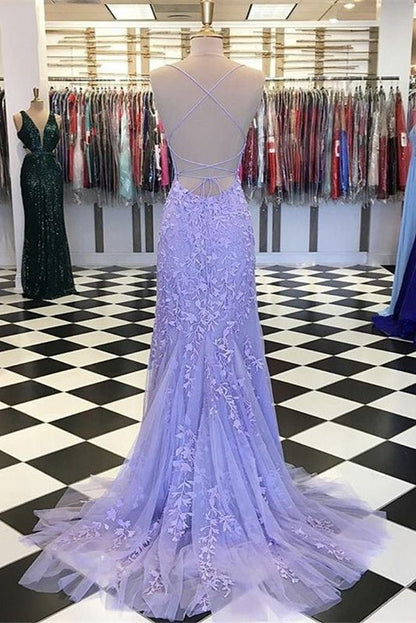 Light Blue Long Lace Open Back Mermaid Prom Dress