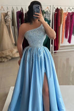 Light Blue Satin A Line Corset One Shoulders Pearl Evening Gown