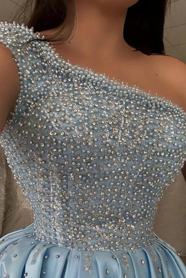 Light Blue Satin A Line Corset One Shoulders Pearl Evening Gown