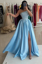 Light Blue Satin A Line Corset One Shoulders Pearl Evening Gown