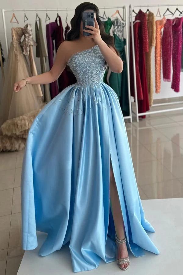 Light Blue Satin A Line Corset One Shoulders Pearl Evening Gown