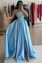Light Blue Satin A Line Corset One Shoulders Pearl Evening Gown