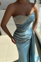 Light Blue Satin Mermaid Evening Dress Strapless Crystal Bodice