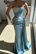 Light Blue Satin Mermaid Evening Dress Strapless Crystal Bodice