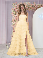 Braelyn | Abito da sera azzurro chiaro senza spalline in tulle a strati con paillettes
