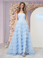 Braelyn | Abito da sera azzurro chiaro senza spalline in tulle a strati con paillettes