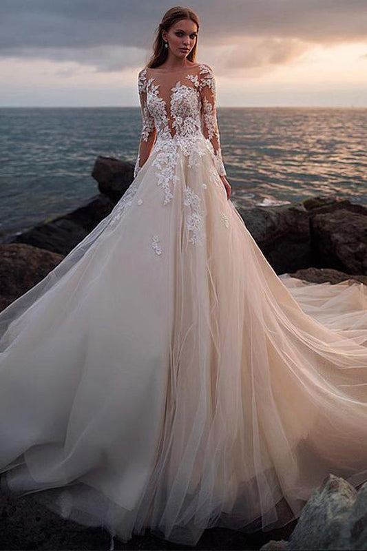 Vestido de noiva de praia em tule marfim com mangas compridas de renda ilusão WD532
