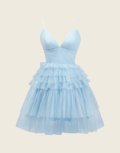 Vestido de fiesta con escote en V profundo y corte A con capas