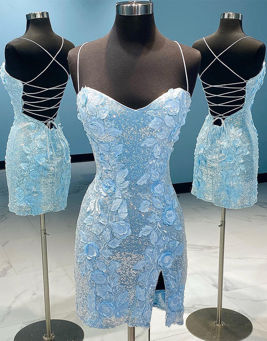 Etuikleid mit Pailletten, offenem Rücken und 3D-Blumen