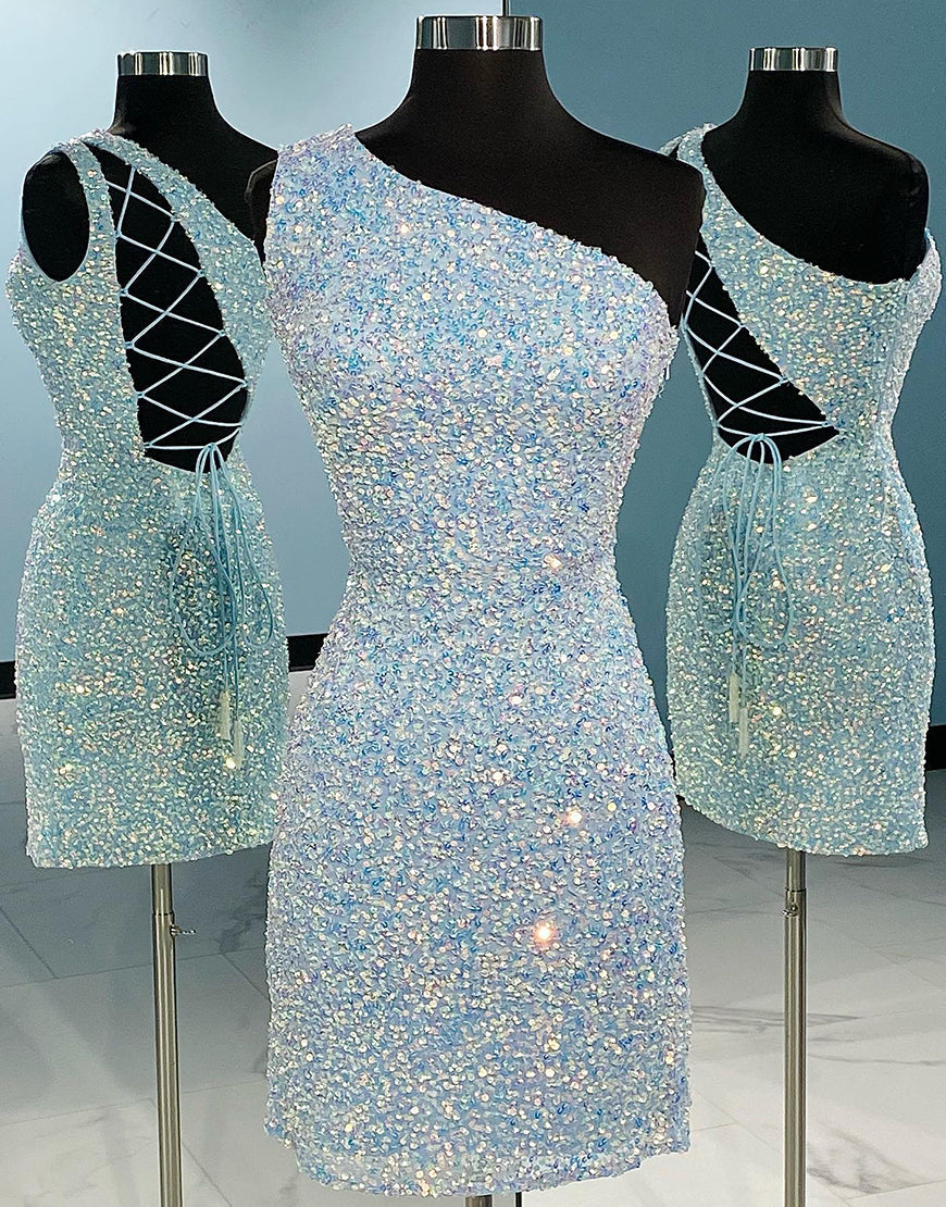One Shoulder Tight Sky Blue Homecoming Dress
