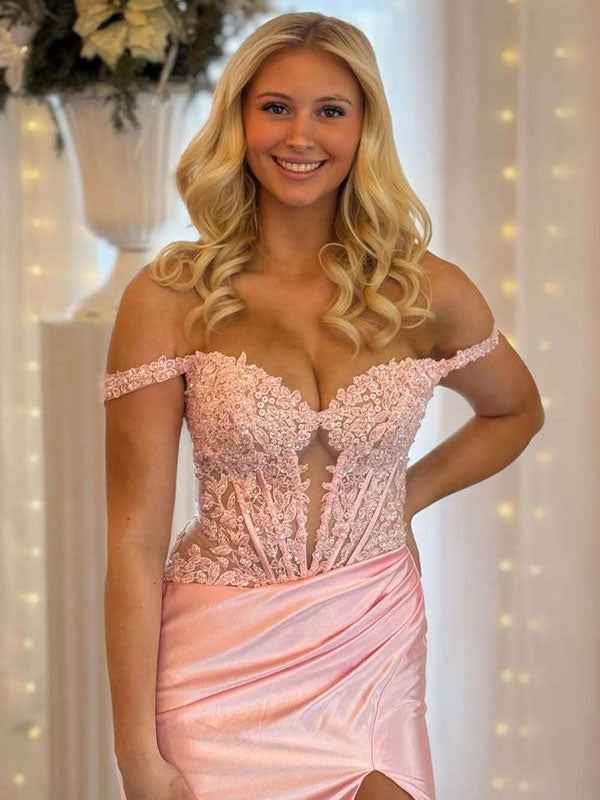 Orange Mermaid Off Shoulder Pleated Prom Dress With Sheer Corset Bodice