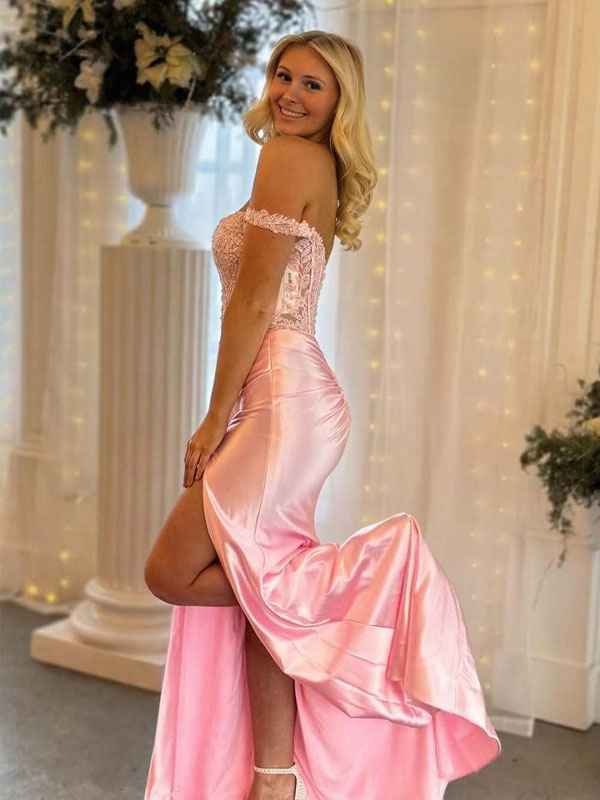 Orange Mermaid Off Shoulder Pleated Prom Dress With Sheer Corset Bodice