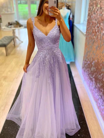 Lilac Long A Line V Neck Lace Tulle Beaded Prom Dresses