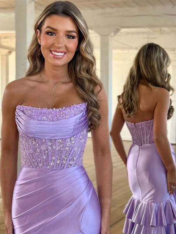 Pink Mermaid Strapless Satin Tiered Long Prom Dress With Sequins