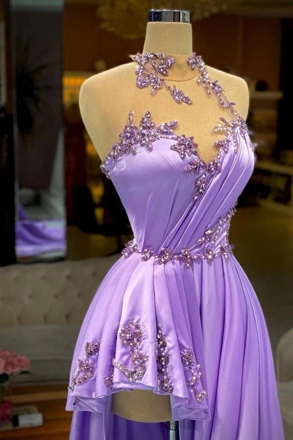Lilac Satin A Line Evening Gown Crystal Beaded Bodice Peplum Hem Sweep Train