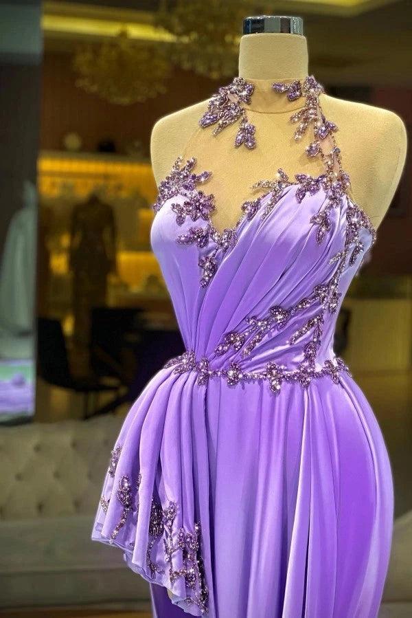 Lilac Satin A Line Evening Gown Crystal Beaded Bodice Peplum Hem Sweep Train