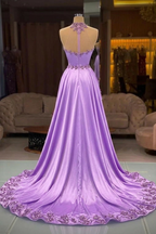 Lilac Satin A Line Evening Gown Crystal Beaded Bodice Peplum Hem Sweep Train