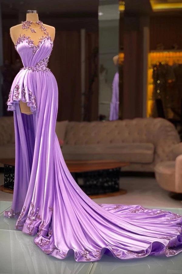 Lilac Satin A Line Evening Gown Crystal Beaded Bodice Peplum Hem Sweep Train