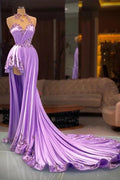 Lilac Satin A Line Evening Gown Crystal Beaded Bodice Peplum Hem Sweep Train