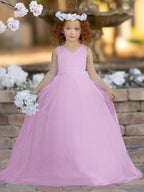 Floor Length V Neck Satin Tulle Princess Flower Girl Dress