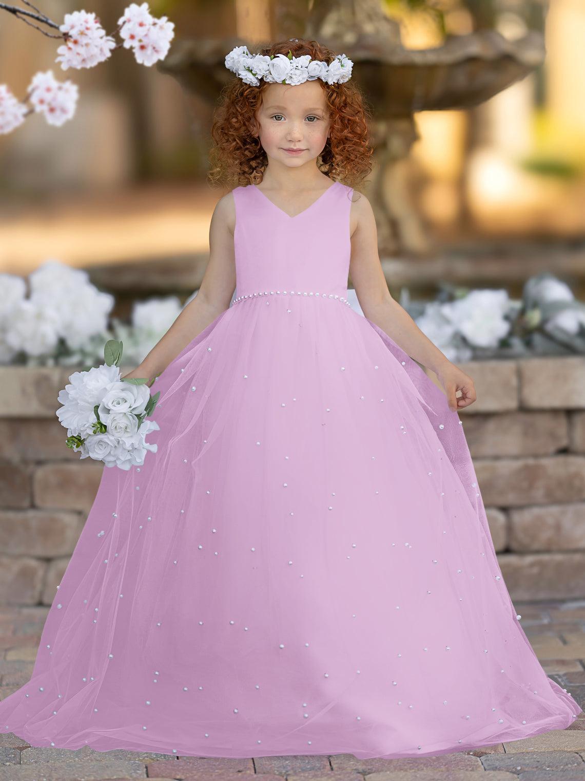 Floor Length V Neck Satin Tulle Princess Flower Girl Dress