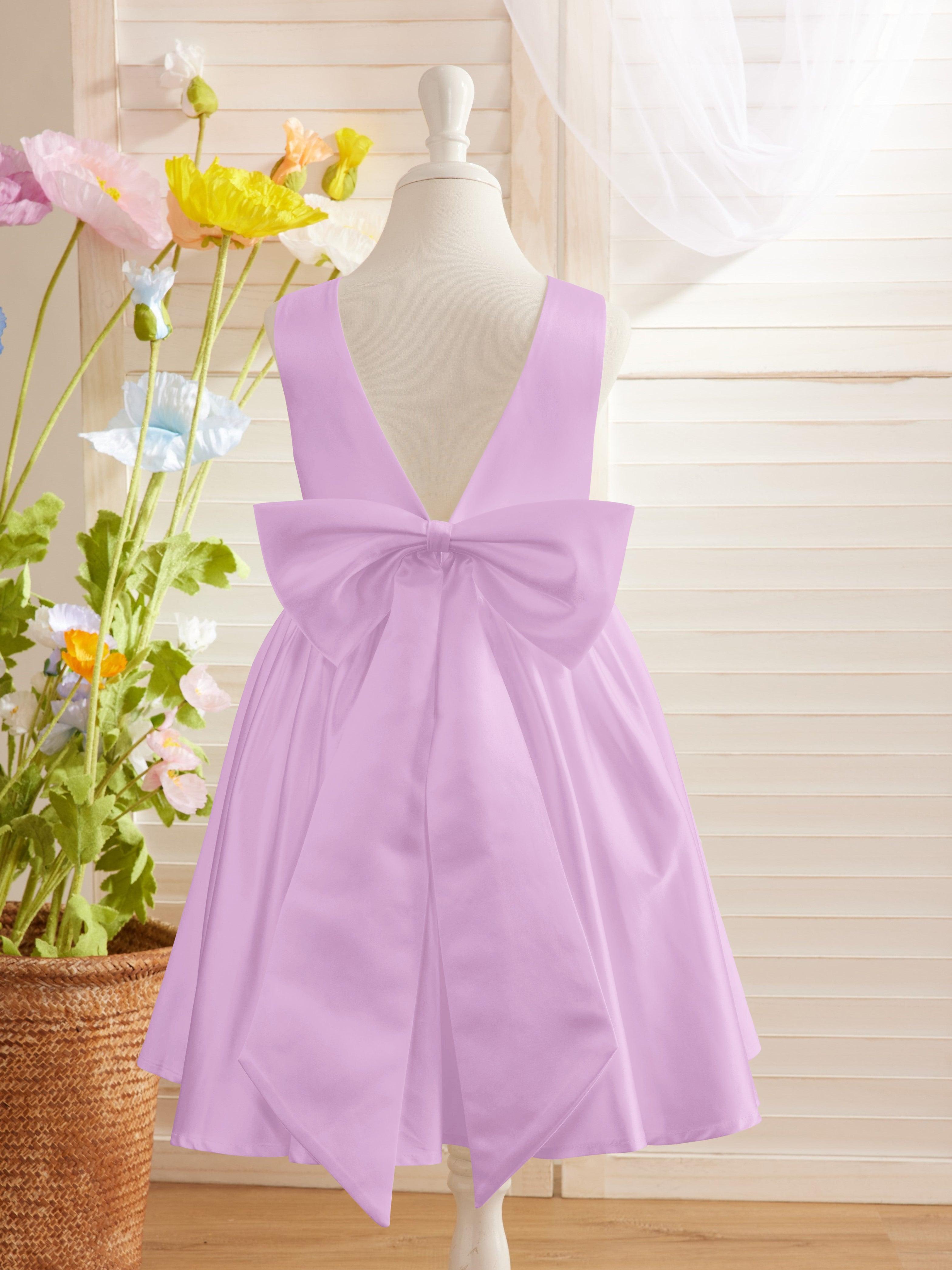 Ivory Satin Princess Flower Girl Knee Length Dress With Bow