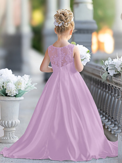 Robe de demoiselle d'honneur de première communion en satin et dentelle coupe A-line 
