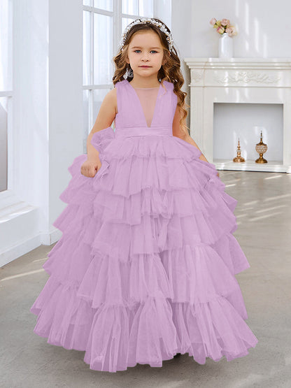 Ball-Gown/Princess Pearl Pink Sleeveless Tulle Bow Flower Girl Dress