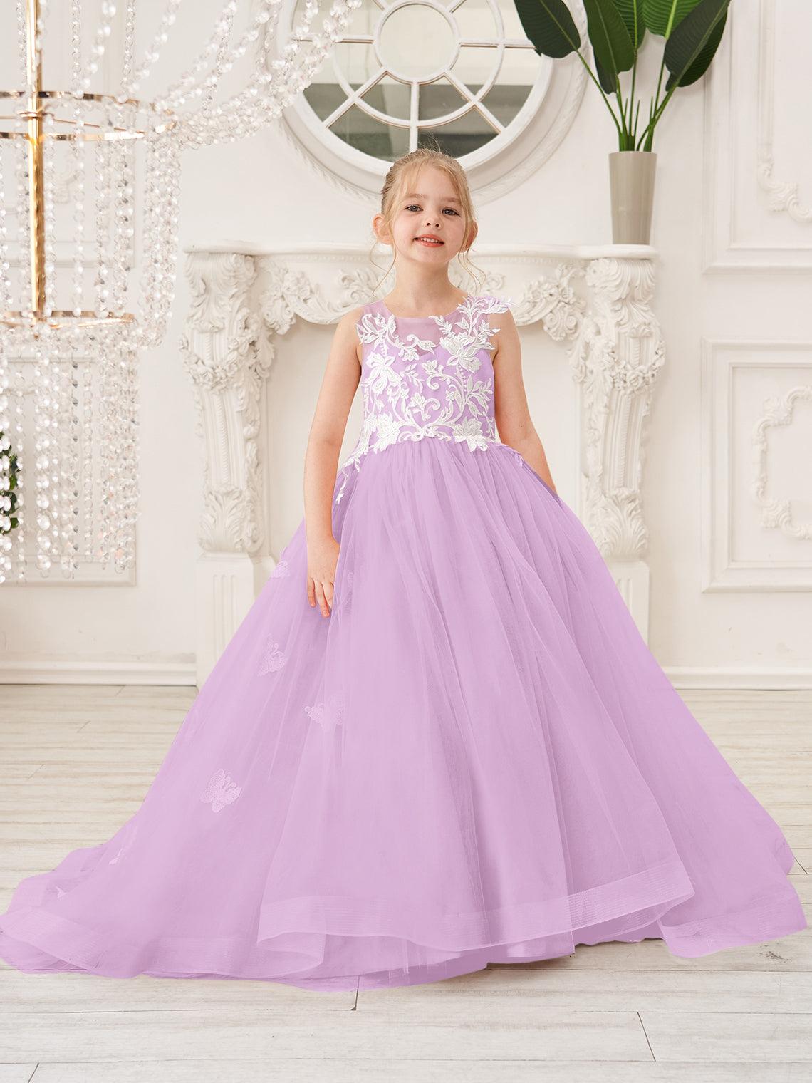 Elegant Sleeveless Tulle Flower Girl Dress With Applique Lace And Sweep Train